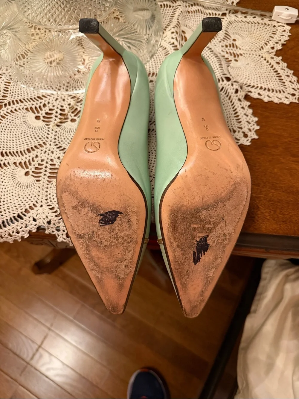 St. John Mint Green Pointed Toe Pumps with Gold Chain Accent